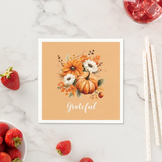 Grateful Autumn Floral Pumpkin Orange Square Pappersservett (Insitu)