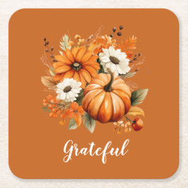 Grateful Autumn Floral Pumpkin Red Square Underlägg Papper Kvadrat