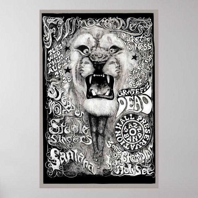 Grateful Dead, Santana, Steppenwolf 1968 Konsert Poster (Framsidan)