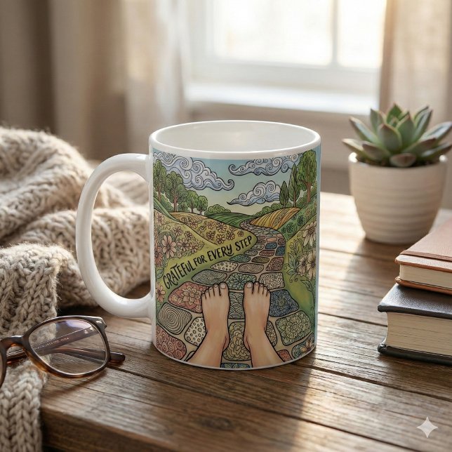 Grateful For Every Step Personalized Coffee Mug Kaffemugg (Encourage gratitude with this, "Grateful for every step" personalized mug! )