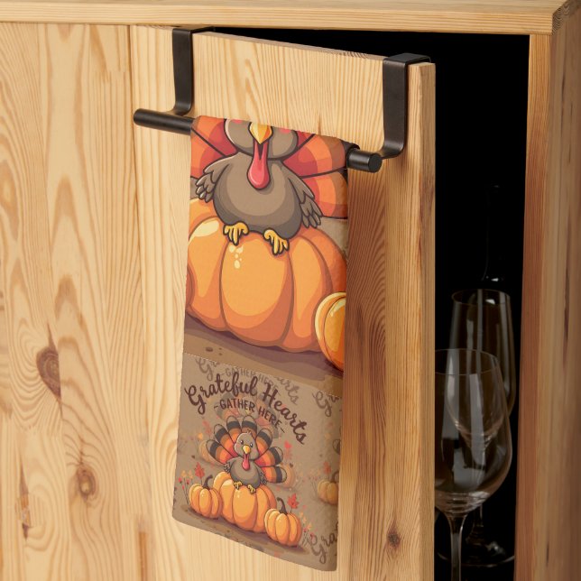 Grateful Hearts Thanksgiving Turkey Kökshandduk (Thirds Fold)