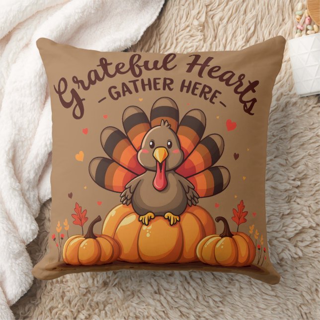 Grateful Hearts Thanksgiving Turkey Kudde (Filt)