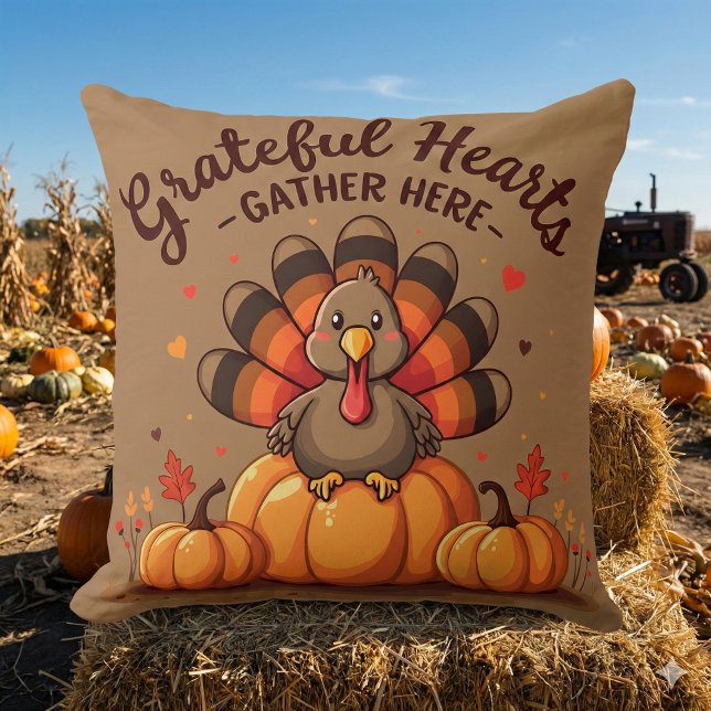 Grateful Hearts Thanksgiving Turkey Kudde (Grateful Hearts Thanksgiving Turkey Throw Pillow Mockup D)
