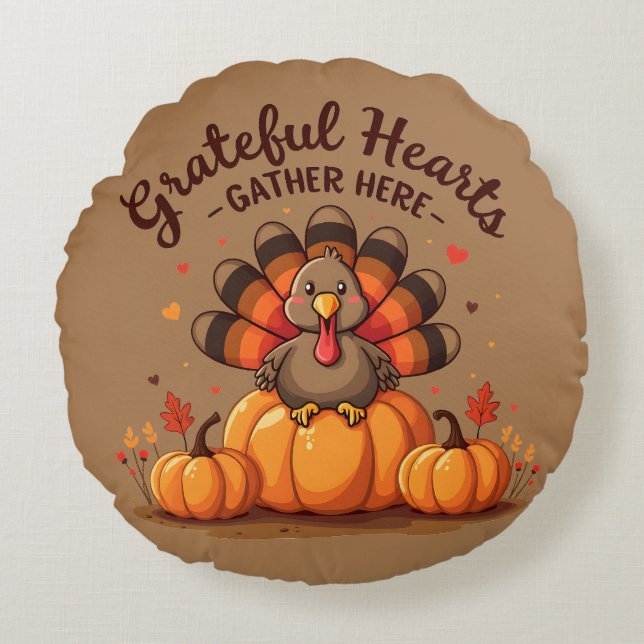 Grateful Hearts Thanksgiving Turkey Rund Kudde (Framsidan)