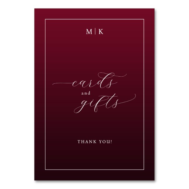 Grateful Maroon Cursive Cards and Gifts Sign Bordsnummer (Framsidan)