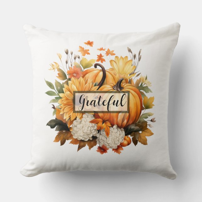 Grateful Pumpkin Floral Fall Thanksgiving Kudde (Framsida)