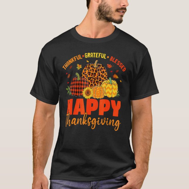 Grateful Thankful Blessed Plaid Leopard Pumpkin Th T Shirt (Framsida)
