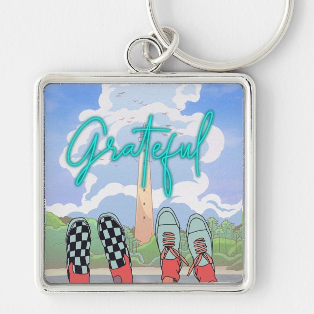 GRATEFULL, RELAX TID FYRKANTIG SILVERFÄRGAD NYCKELRING (Framsidan)