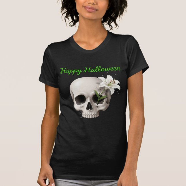 Gråter Skull med Lily Halloween T Shirt (Framsida)