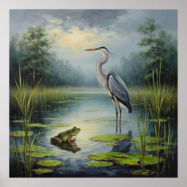 Gratiell Heron i en lugn damm omgiven av frodig gr Poster (Framsidan)