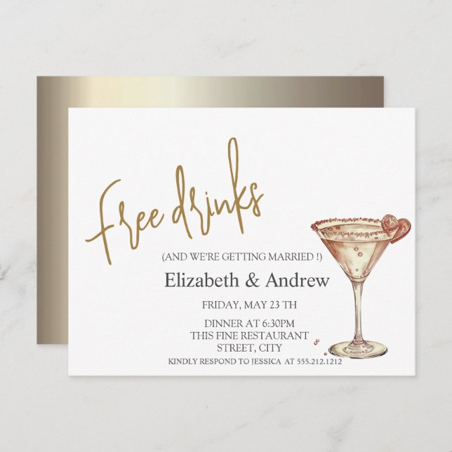 Gratis drycker, Chic champagneglas hjärta Inbjudningar (Fram/baksida)