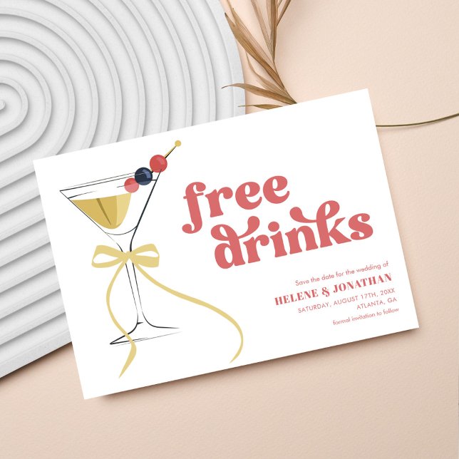 Gratis Drycker Martini Skål Modern Elegant Bröllop Spara Datumet (Free Drinks Martini Bow Modern Elegant Wedding Save The Date)