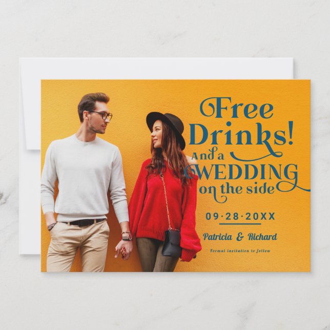 Gratis drycker Roligt avslappnat bröllop Spara dat Inbjudningar (Framsida)