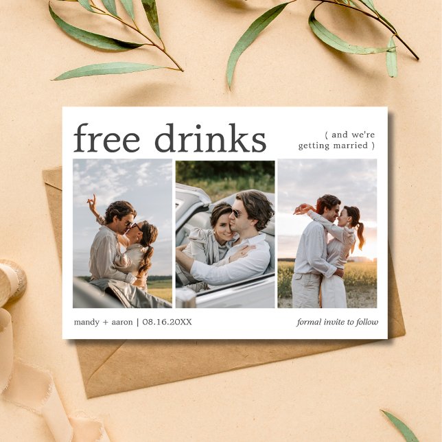 Gratis Drycker Tre Förlovningsfoto Bröllop Spara Datumet (Free Drinks Three Engagement Photo Wedding Save The Date)