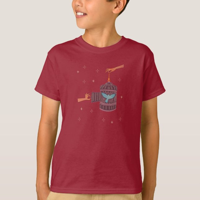 Gratis Fågel Bur | Folklig Konst Händer och Blå Få T Shirt (Framsida)