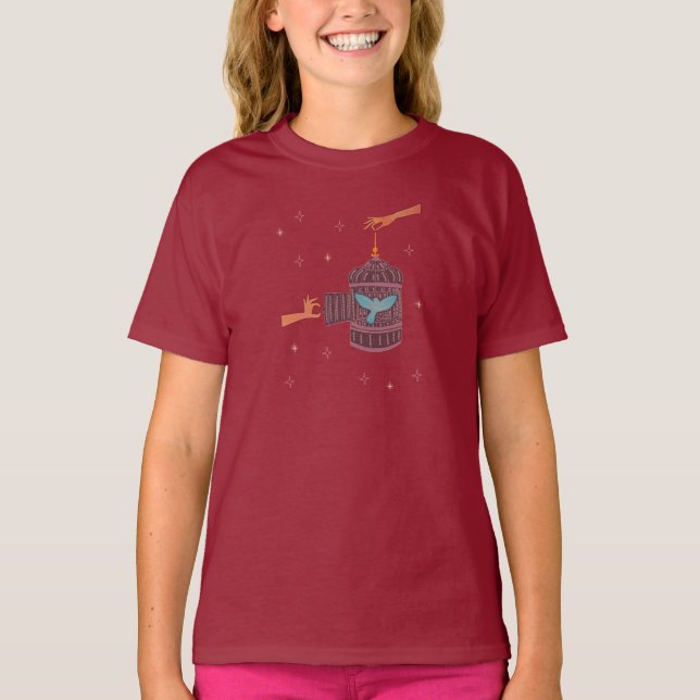 Gratis Fågel Bur | Folklig Konst Händer och Blå Få T Shirt (Framsida)