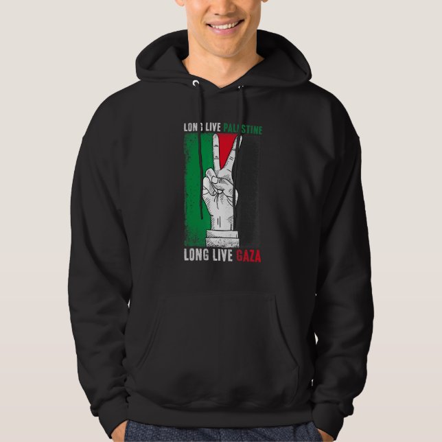Gratis palestinskt uppehåll med Gazas Flagga Lång  Hoodie (Framsida)