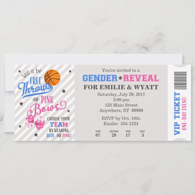Gratis toner eller Rosa Bows Gender Reveal Biljett Inbjudningar (Framsida)