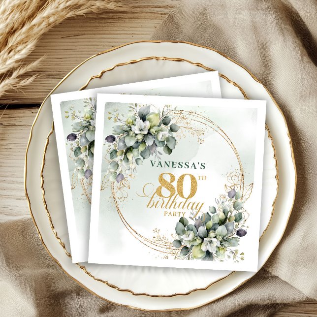 Gratis vattenfärggrönska 80-årsdag servetter (Graceful Watercolor Greenery 80th Birthday Napkins)