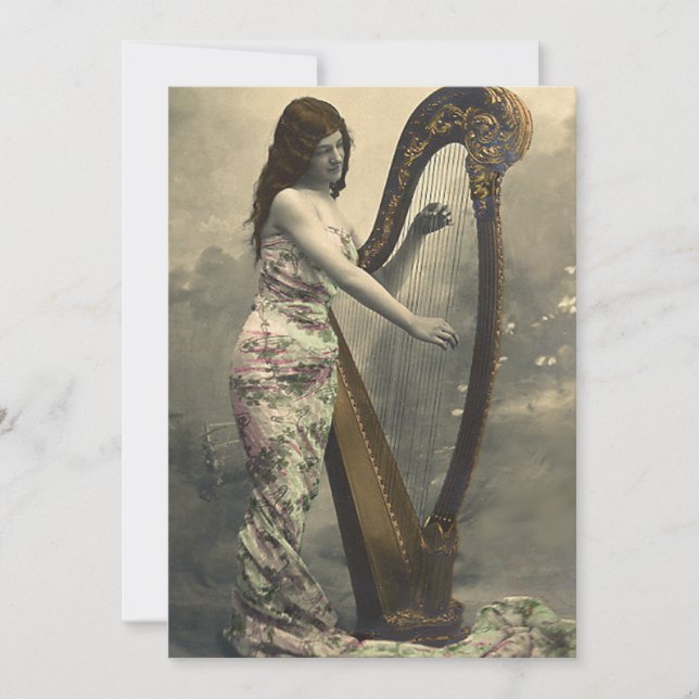 Gratis Vintage Kvinnlig Harpist Inbjudningar (Framsida)