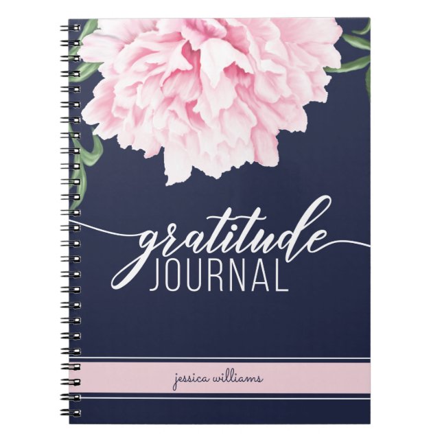 Gratitude Blommigt Peony Navy Journal Anteckningsbok (Framsidan)