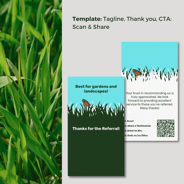🦋 Gratitude Gräsmatta Butterfly Referral Tack Visitkort (🦋Gratitude Lawn Butterfly Referral Thank You Business Card,Tagline,  Scan, Share, Win, Ends)