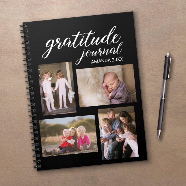 Gratitude Journal 4 Photo Collage on Black Anteckningsbok (Gratitude Journal with 4 Photo Collage on Black, In Situ)