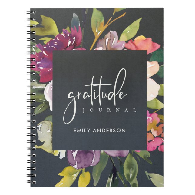 GRATITUDE JOURNAL GRÅTT ROSA BURGUNDY LILA BLOMMIG ANTECKNINGSBOK (Framsidan)