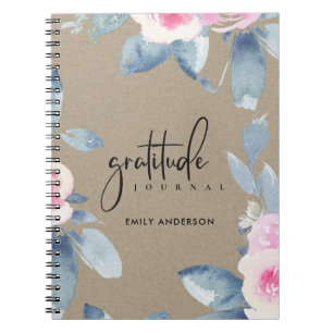 GRATITUDE JOURNAL KRAFT ROSA  BLUE BLOMMIGT ANTECKNINGSBOK