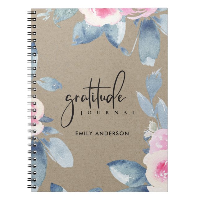 GRATITUDE JOURNAL KRAFT ROSA  BLUE BLOMMIGT ANTECKNINGSBOK (Framsidan)