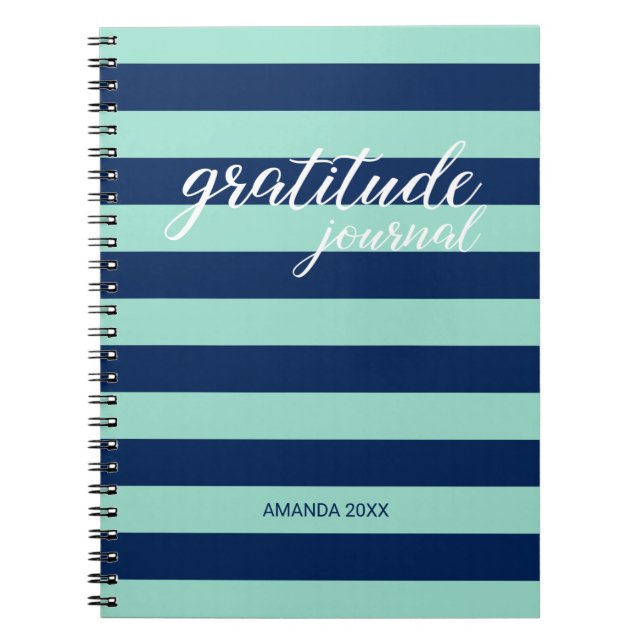 Gratitude Journal Mint Grönt Navy Rand Namn Anteckningsbok (Framsidan)