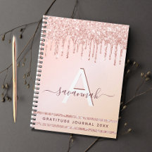 Gratitude journal monogram ro guld rosa glitter