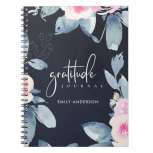 GRATITUDE JOURNAL NAVY ROSA BLUE BLOMMIGT ANTECKNINGSBOK