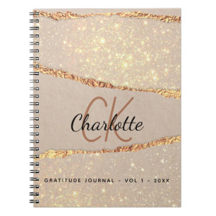 Gratitude journal ro guld glitter, monogram anteckningsbok