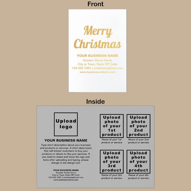 Grått affärsmärke på julfolie kort (Gray business brand with products or services on Christmas folded foil card.)