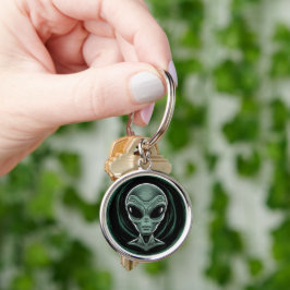 Grått Alien Head Rund Silverfärgad Nyckelring