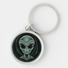 Grått Alien Head Rund Silverfärgad Nyckelring