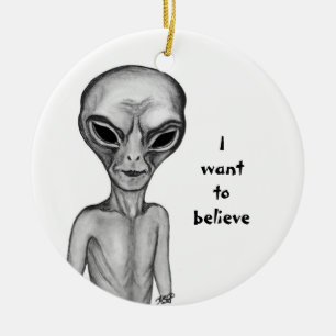 Grått Alien, jag vill tro Julgransprydnad Keramik