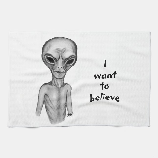 Grått Alien, jag vill tro Kitchen Towel Kökshandduk (Horisontell)