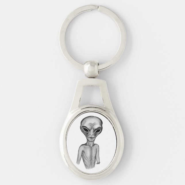 Grått Alien, jag vill tro Ovalt Silverfärgad Nyckelring (Framsidan)