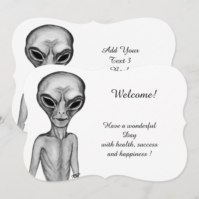 Grått Alien, lägg till texten Inbjudningar (Fram/baksida)