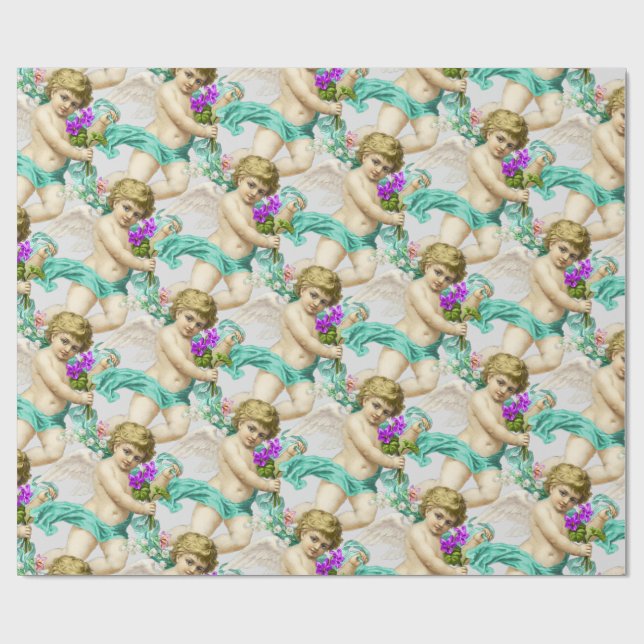 Grått Aqua Cherubs Wrapping Papper Presentpapper (Platt)