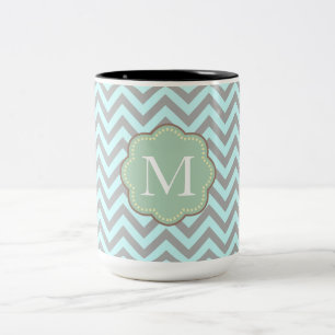 Grått Aqua Chevron Rand Monogram Två-Tonad Mugg