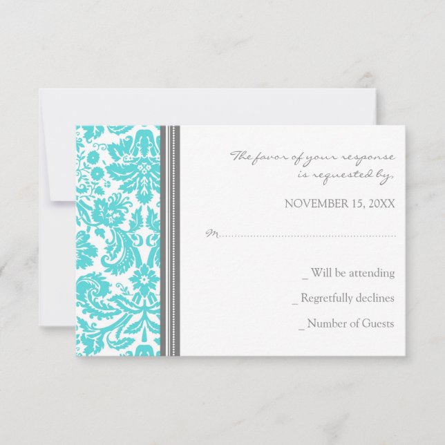 Grått Aqua Damask OSA Bröllop Card Kort (Framsida)