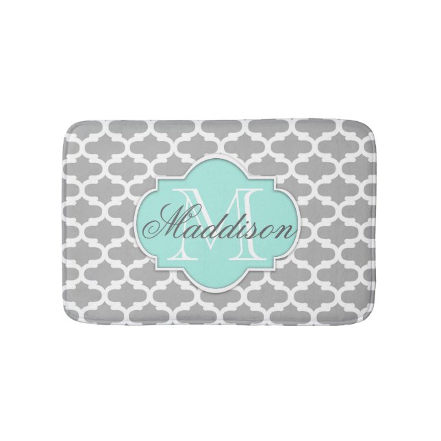 Grått Aqua Elegant Mönster Monogram Badrumsmatta (Framsidan)