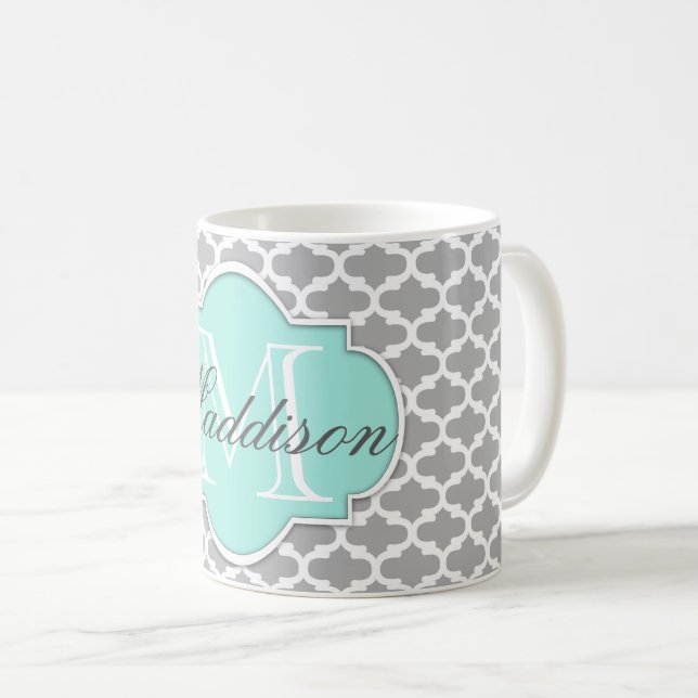 Grått Aqua Elegant Mönster Monogram Kaffemugg (Framsida höger)