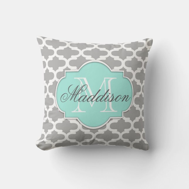 Grått Aqua Elegant Mönster Monogram Kudde (Framsida)