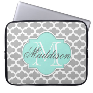 Grått Aqua Elegant Mönster Monogram Laptop Sleeve