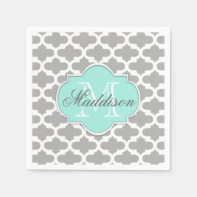 Grått Aqua Elegant Mönster Monogram Pappersservett (Framsidan)