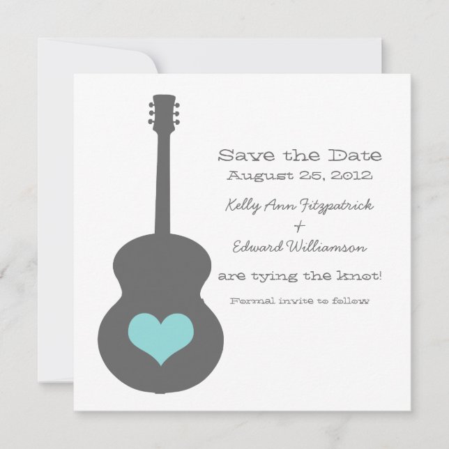 Grått/Aqua Guitar Heart Spara datum Inbjudan (Framsida)
